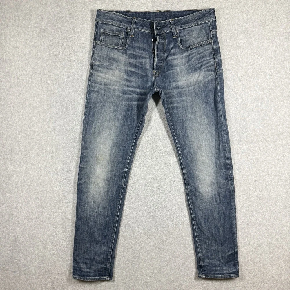 G Star RAW Jeans Men 33x32 Blue‎ 3301 Slim CRAZY WASH Stretch Denim Aged Look